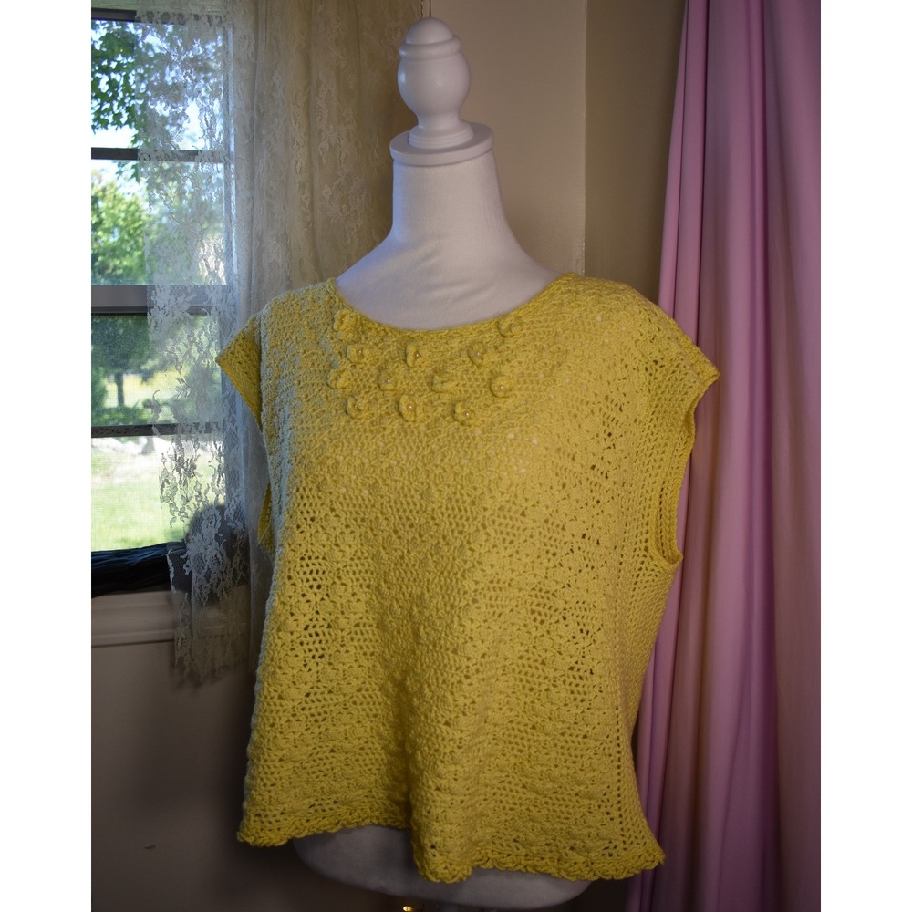 Angelina Jean Handmade Butter Yellow Crochet Sweater Vest Pearl Floral Applique